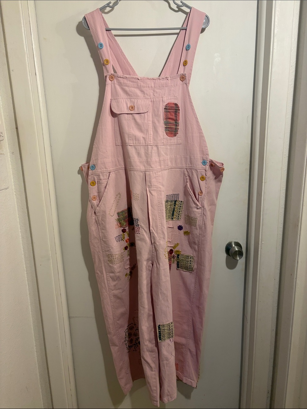 NWT BLUE VELVET Pink Patchwork Overalls EMBROIDERED FLOWERS LARGE Bluevelvet